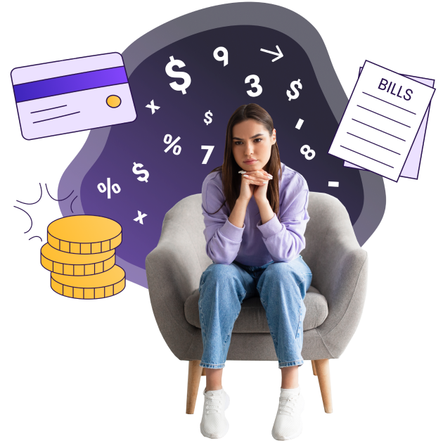 Woman sitting in a chair with her head in her hands, experiencing financial stress over collection calls, past due bills, and high debt.