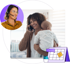 A woman on the phone, standing and holding a baby.