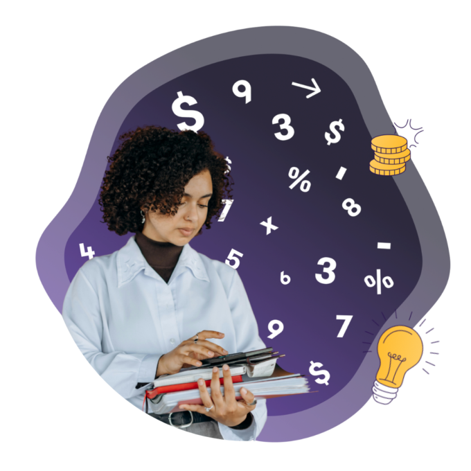 A woman holding books in front of a dark purple cloud full of numbers and financial symbols.