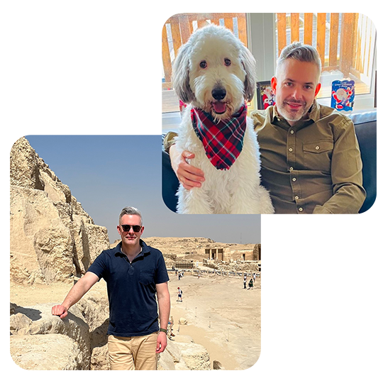 Two images of our trustee, Adam. One with him and his dog, and another of him on vacation in Egypt.