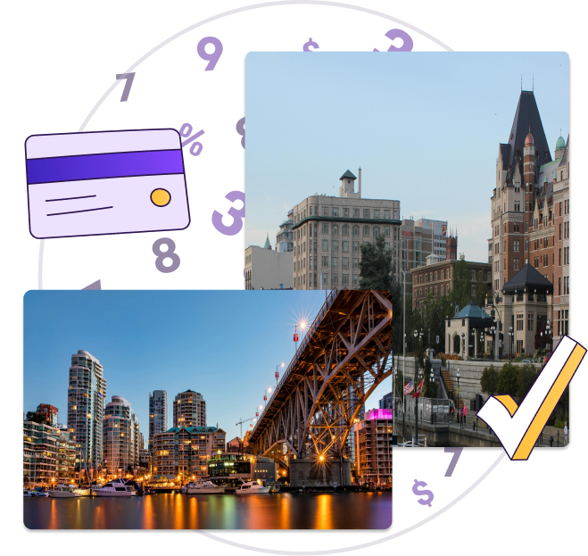 Graphic featuring photos of downtown Vancouver and Victoria, British Columbia