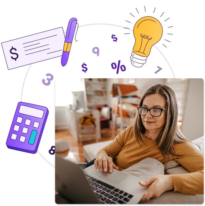 Image of a middle aged woman sitting on a couch with her laptop. She is researching how to file a bankruptcy in Canada. Around her image, illustrations of a calculator, numbers, a cheque and a lightbulb float.