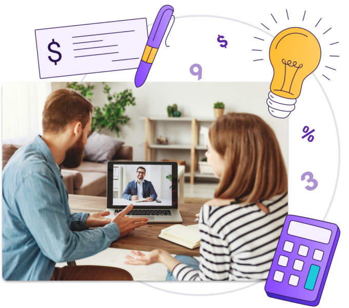 Man and woman having a virtual consultation via a laptop with a debt solutions professional. There are illustrations of a calculator, a cheque and a lightbulb circling their image.