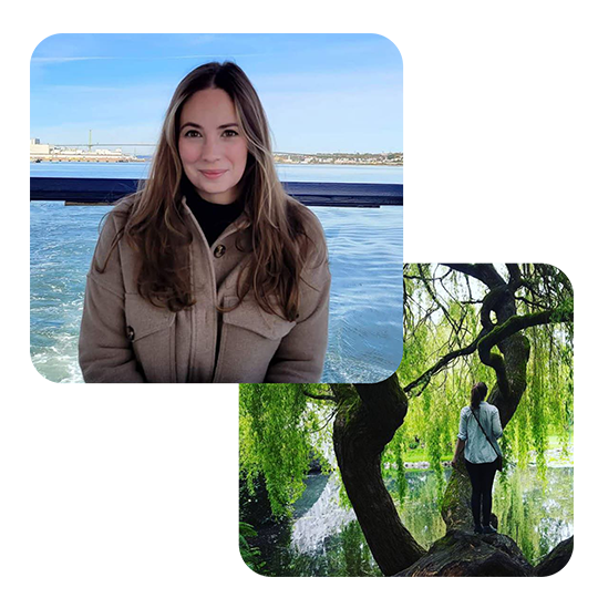 Two images of our trustee, Kaitlin. One of her in front of a body of water and another of her standing at the base of a willow tree.
