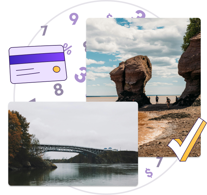 A graphic featuring an image of Reversing Falls Bridge in Saint John, New Brunswick and Hopewell Rocks in Hopewell Cape, New Brunswick.
