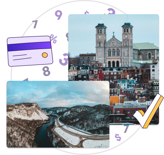 Graphic that includes an aerial view image of Corner Brook, Newfoundland and an image of downtown St. John's, featuring the Basilica of St. John the Baptist.