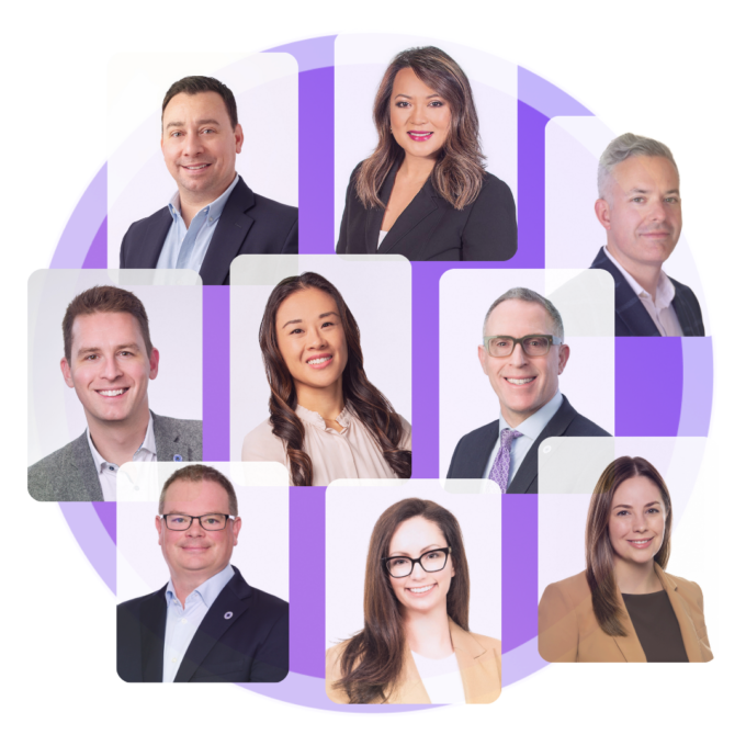 A collage of the headshots of our nine Licensed Insolvency Trustees, layered on a purple circle background.