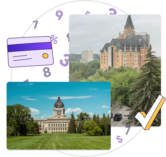 Un graphique qui comprend une image de l'édifice législatif de la Saskatchewan à Regina et une image de l'hôtel Bessborough à Saskatoon.