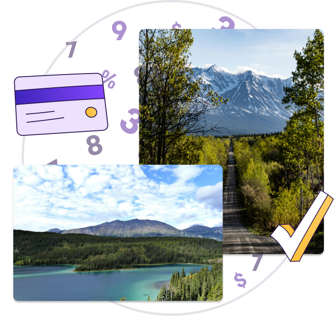 A graphic that includes an image of Emerald Lake in Whitehorse, Yukon and an image of a road and mountains in Haines Junction, Yukon.