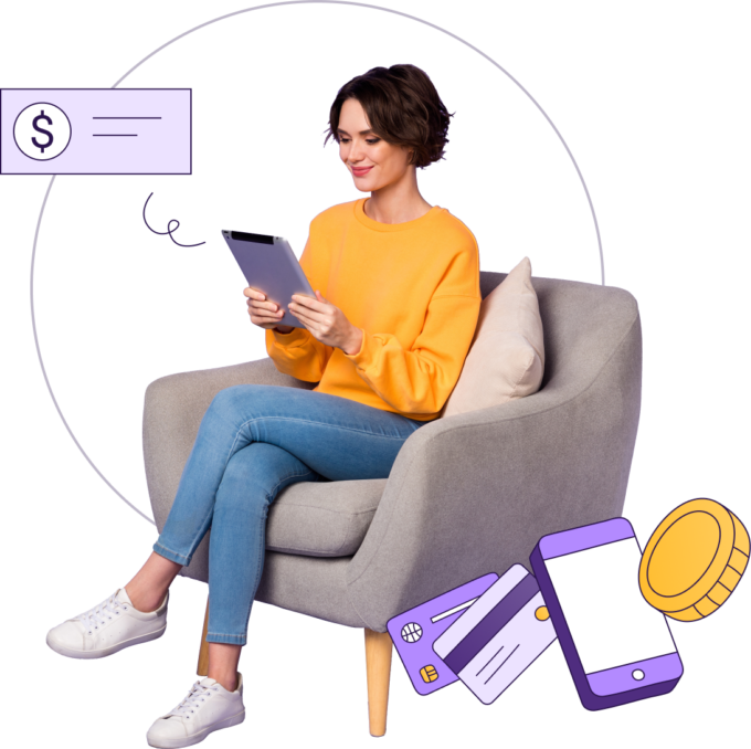 A young female sitting in an armchair looking to find the right debt solution on her tablet device.