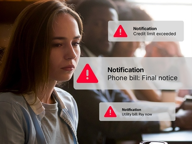 Young woman looking sad with phone notifications appearing behind her saying that she is overdue on bills and her credit limit has been exceeded.
