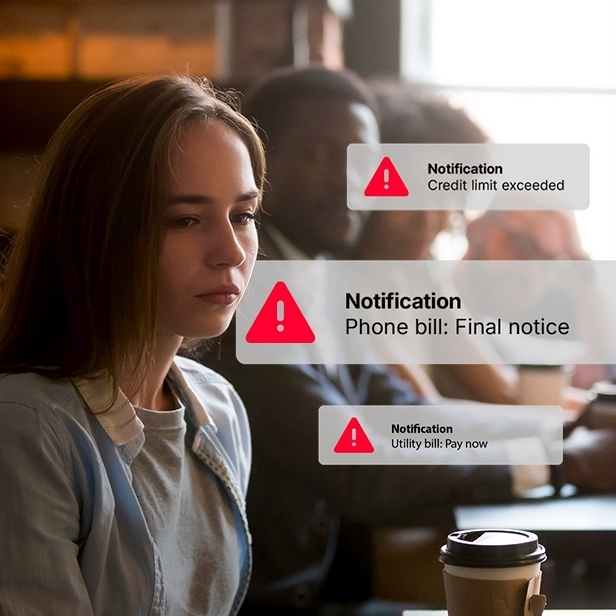 Young woman looking sad with phone notifications appearing behind her saying that she is overdue on bills and her credit limit has been exceeded.