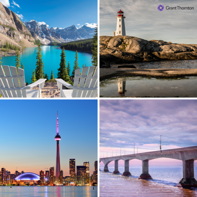 Collage of Canadian landmarks: Lake Louise in Banff with turquoise water and mountains, Peggy’s Cove lighthouse on rocky shore in Nova Scotia, Toronto skyline with CN Tower, and Confederation Bridge over ocean at sunset.