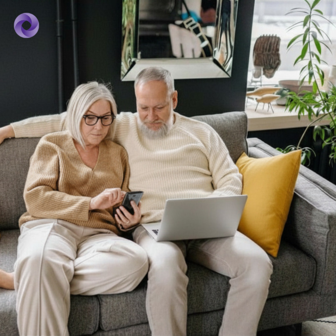 An older aged couple sitting together on the couch looking at their laptop and phone