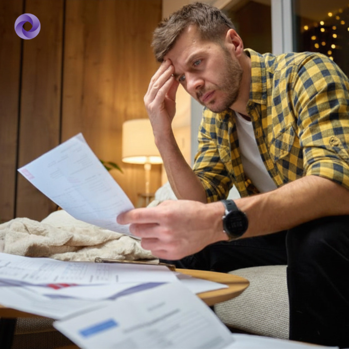 Person looking down at bills with head in hand, surrounded by paperwork and an open laptop.