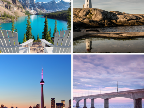 Collage of Canadian landmarks: Lake Louise in Banff with turquoise water and mountains, Peggy’s Cove lighthouse on rocky shore in Nova Scotia, Toronto skyline with CN Tower, and Confederation Bridge over ocean at sunset.