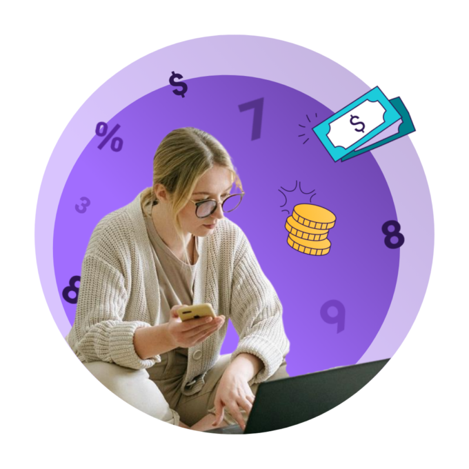 A woman sitting holding a smartphone and looking at a laptop. The background is purple and features financial symbols including dollar signs, percentage signs, numbers, coins, and paper money.