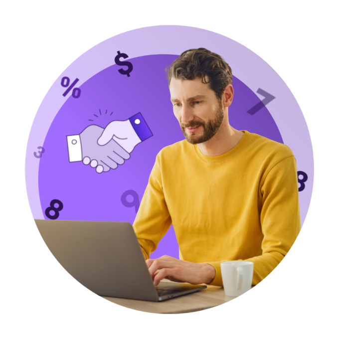 A man in a yellow sweater is working at a desk with a laptop and coffee mug on the table. The background is purple and features financial symbols such as percentage signs, dollar signs, and numbers, along with an illustration of two hands shaking.