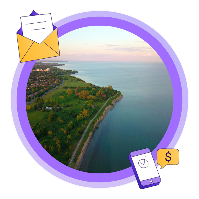 Aerial view of Ajax, Ontario and Lake Ontario.