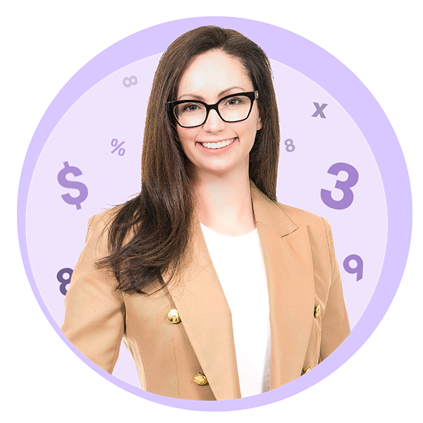 Portrait de notre syndic autorisé en insolvabilité, Blaire MacNeil, sur fond de cercles violets et d’icônes numériques.
