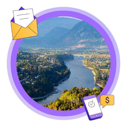 An aerial view of Columbia River in Castlegar, BC