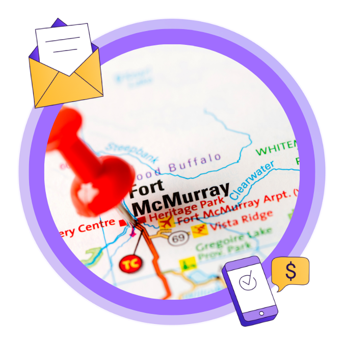 An image of a map of Alberta with a red pin in Fort McMurray
