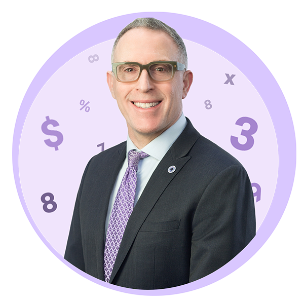 Headshot of our Licensed Insolvency Trustee, Frank Fabiano, on a background of purple circles and number icons.