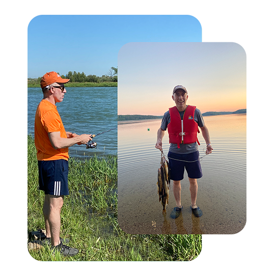 Two photos of our Licensed Insolvency Trustee, Frank. The image on the left shows Frank standing in the grass next to a body of water fishing. The image on the right shows Frank standing in water holding a fish that he has caught.