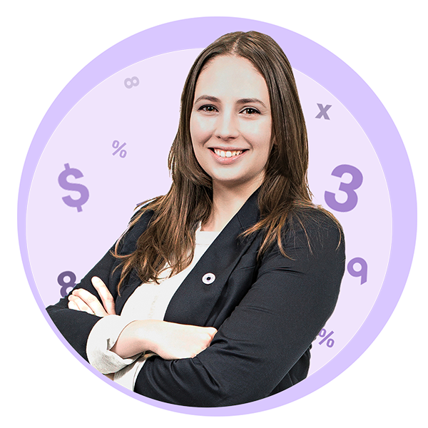 Portrait de notre syndic autorisé en insolvabilité, Kaitlin Verge, sur un fond de cercles violets et d'icônes numériques.