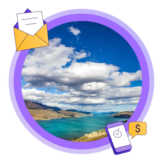 An image of Kamloops Lake and a blue, cloudy sky in Savona, Kamloops, BC.
