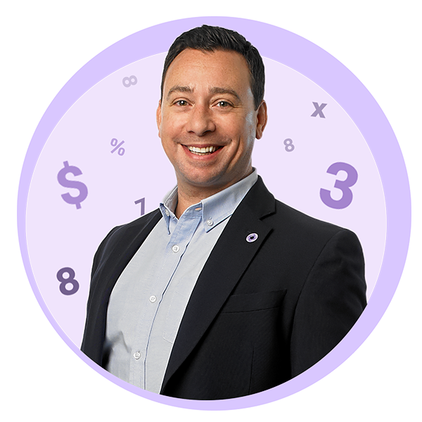 Headshot of our Licensed Insolvency Trustee, Karl Michael, on a background of purple circles and number icons.