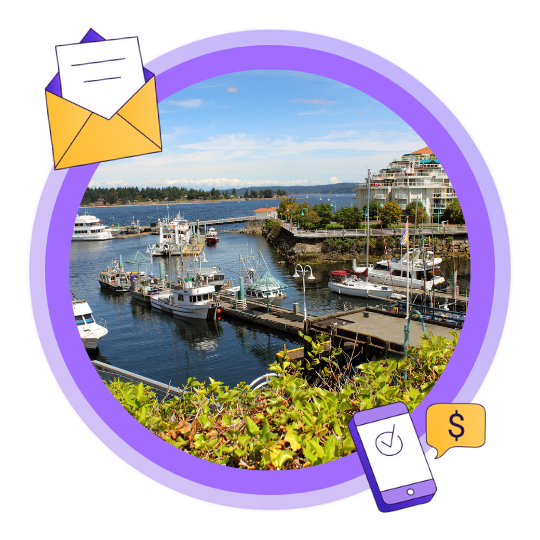 An image of the waterfront with boats docked in Nanaimo, BC