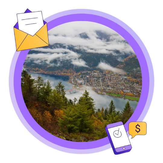 A view of the Kootenay Lake and the Orange Bridge in the city of Nelson, BC in the fall.