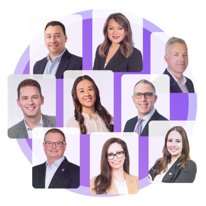 A collage of the headshots of our nine Licensed Insolvency Trustees, layered on a purple circle background.