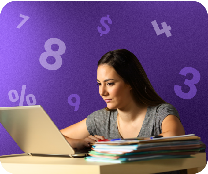 A woman with a laptop with numbers and financial icons behind her.