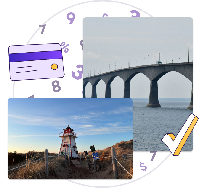 A graphic including an image of a lighthouse on a beach and the Confederation Bridge in Prince Edward Island.