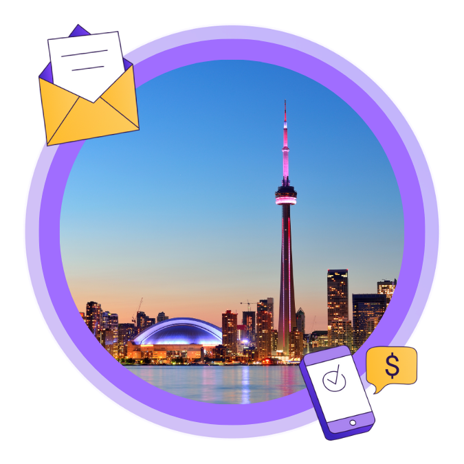 An image of the Toronto city skyline at sunset, featuring the CN Tower and the Rogers Centre.