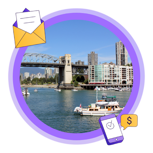 An image of the Burrard Street bridge and False Creek Harbour on a summer day in Vancouver, BC